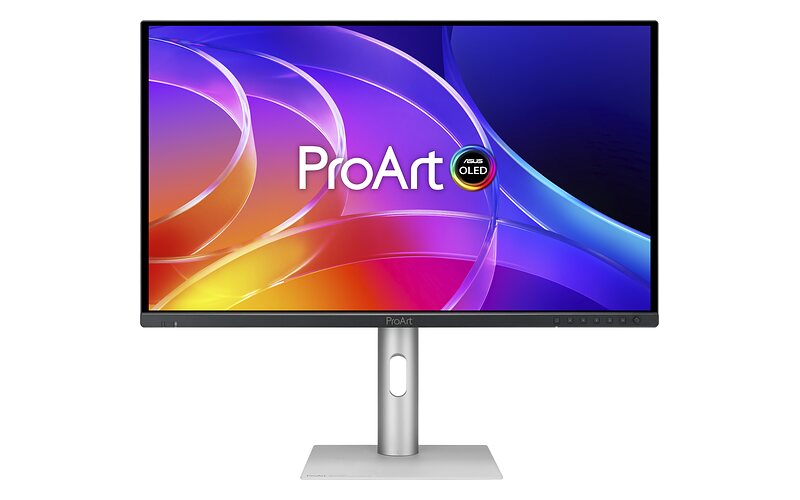 Asus ProArt Display OLED PA279CDV s odznakem OLED, na displeji fialovožlutá abstraktní grafika