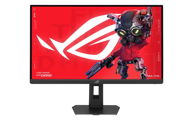 Asus ROG Strix 5K XG27JCG s herním stojanem, na displeji červená grafika s logem ROG