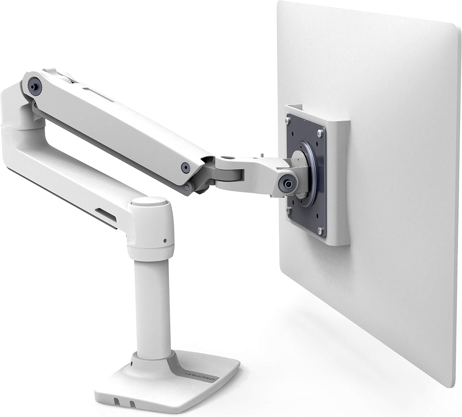 Bílé rameno Ergotron LX s monitorem zezadu, kloubem VESA a stolním úchytem