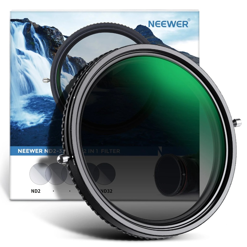 NEEWER 2 in 1 Variable ND ND2–ND32 & CPL filter: knurled black metal ring with adjustment levers, green multi-coating on glass; retail box with waterfall graphic and ND2–ND32 range diagram