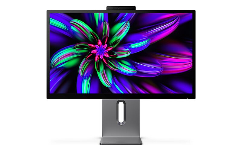 Philips Brilliance 27E3U7903 čelně, vysunutá webkamera nad rámečkem, na displeji barevný květ
