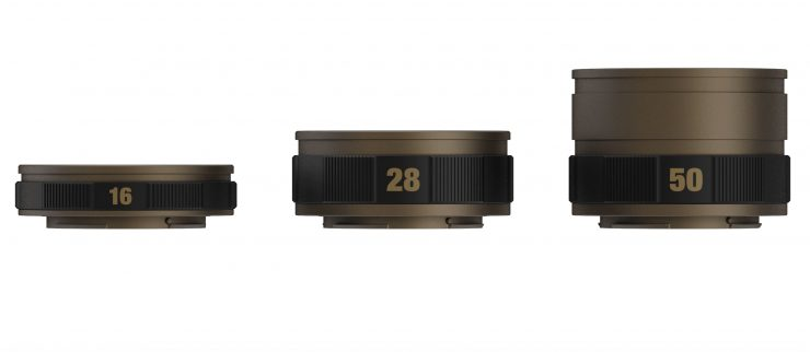 PolarPro LightLeak lenses side by side: 16mm, 28mm, and 50mm focal lengths, bronze barrels with black ribbed grip rings