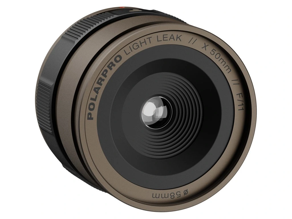 PolarPro LightLeak lens (50mm f/11 unit shown), bronze barrel, front ring engraved POLARPRO LIGHT LEAK, 58mm filter thread marking