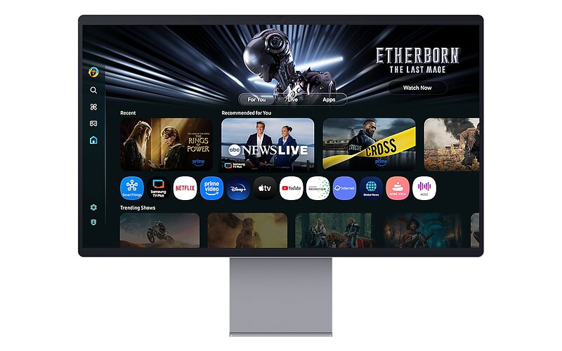 Samsung Smart Monitor M9 M90SF s rozhraním Tizen a dlaždicemi streamovacích služeb na displeji